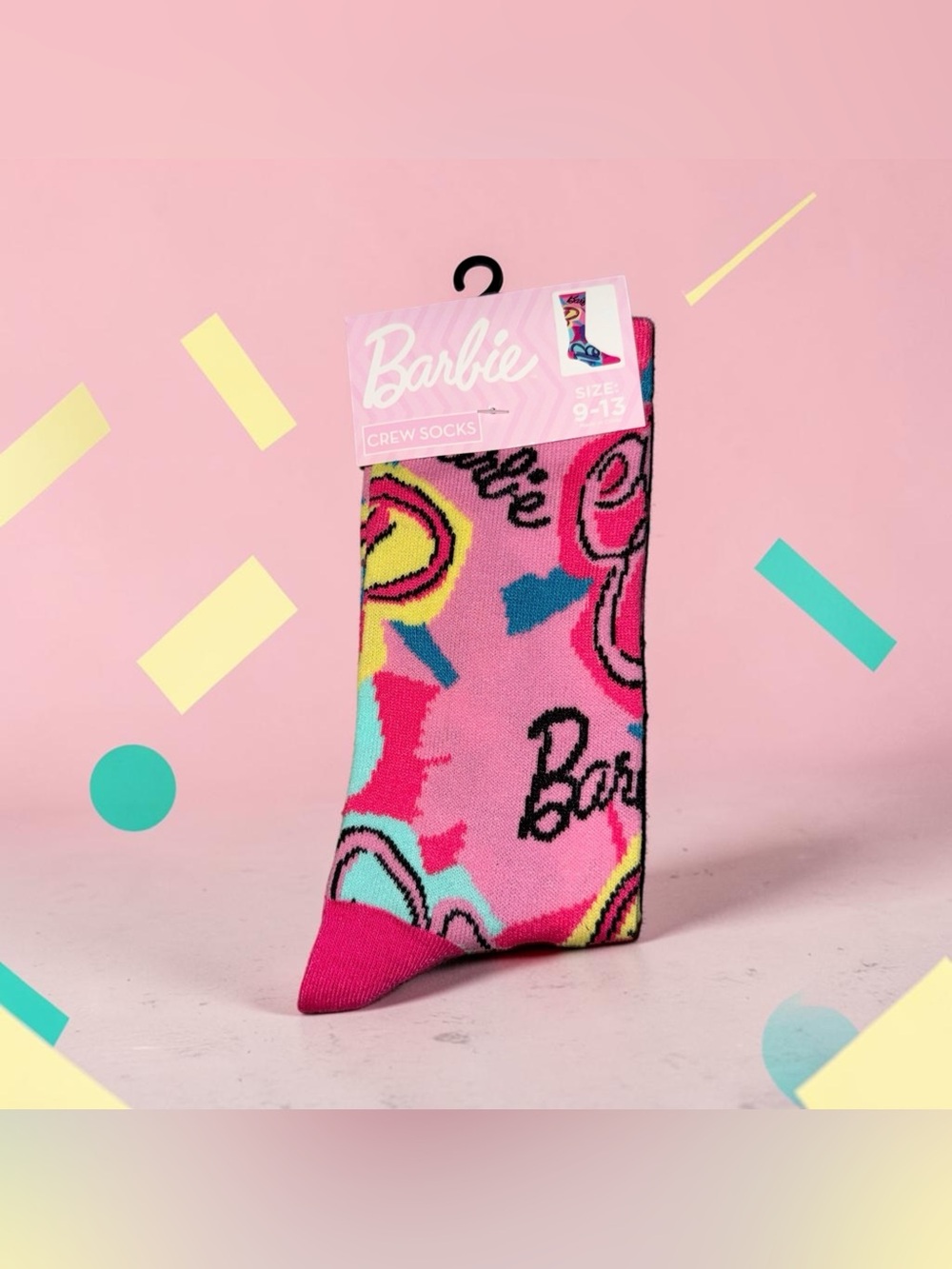 Barbie Pink Crew Socks with Turquoise & Yellow Accents - Picture 2 of 3